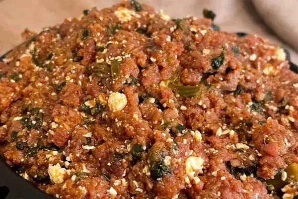 Special kitfo with ayib and collard greens