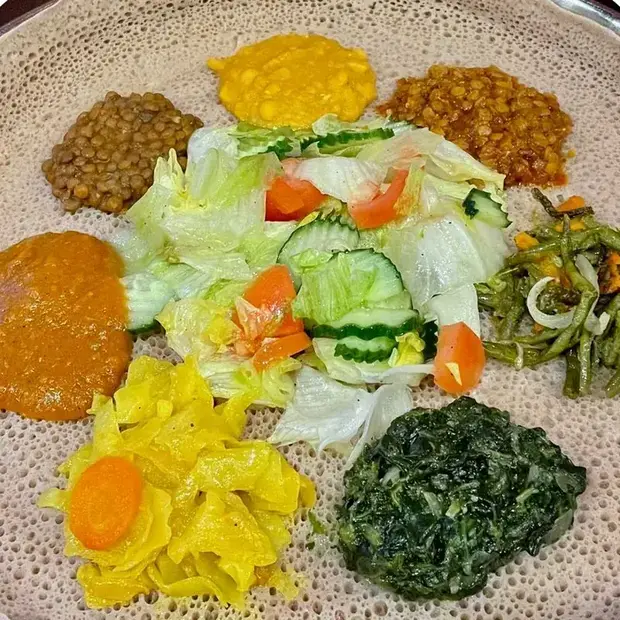 Habesha's Vegetarian Platter: lentils, split peas, greens and more on injera